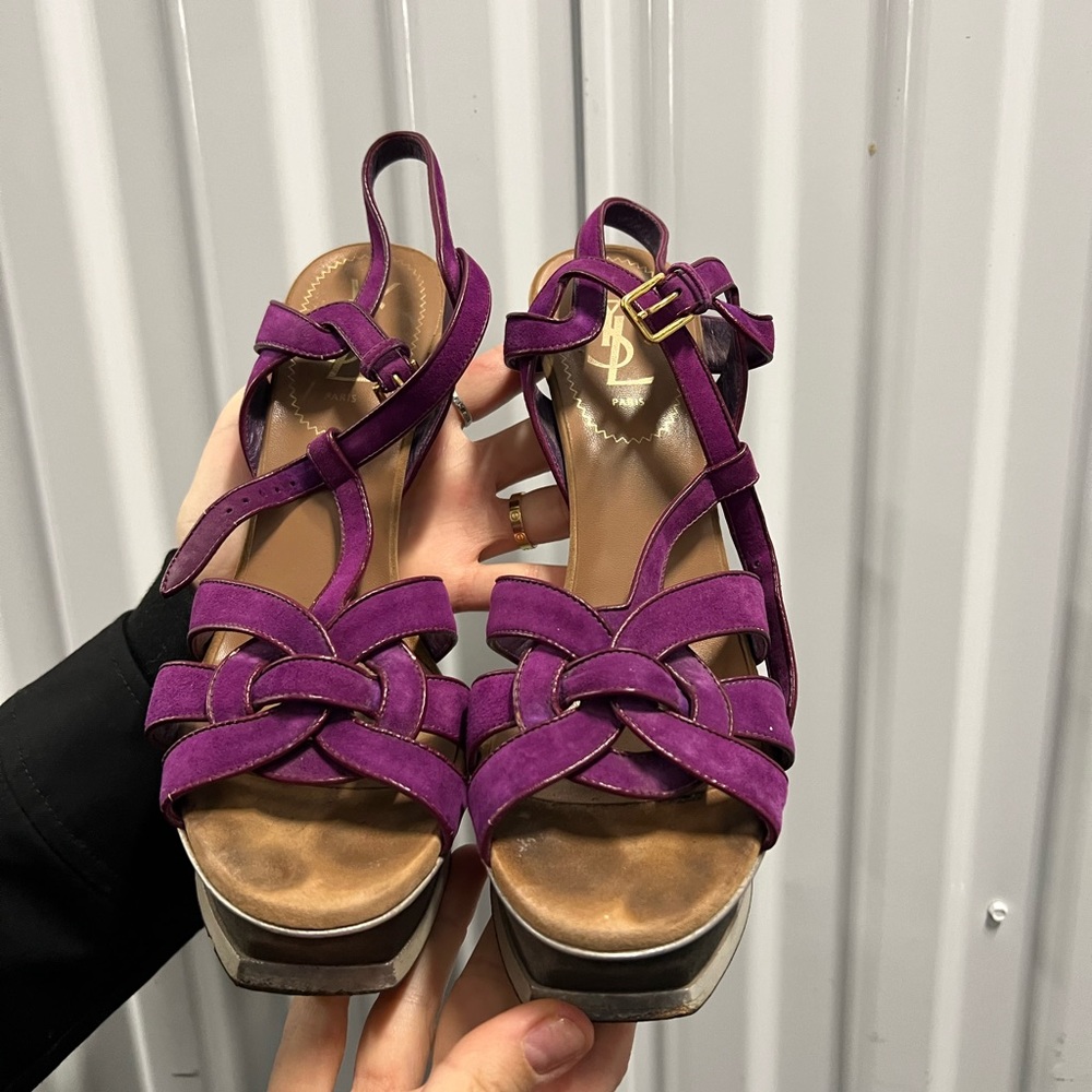 YSL Tribute multicolor suede heels with platform purple & green